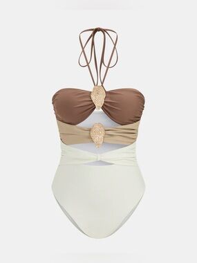 Commense Trio-Tone Halter One-Piece Swimsuit — Brown, Tan, Cream